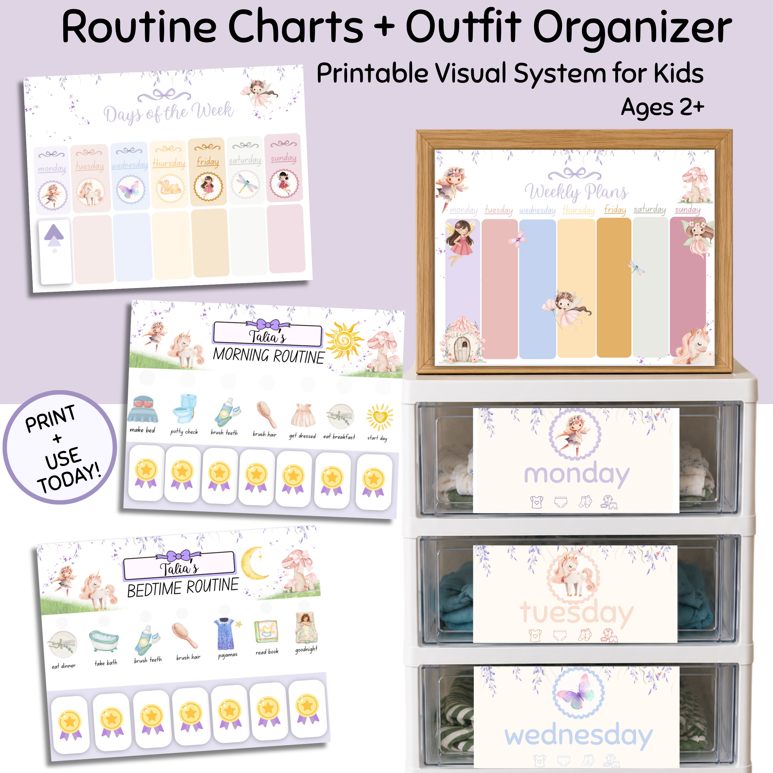Kids Visual Routine Schedule Bundle | Fairy Routine Charts, Days of the Week, Weekly Planner & Outfit Labels